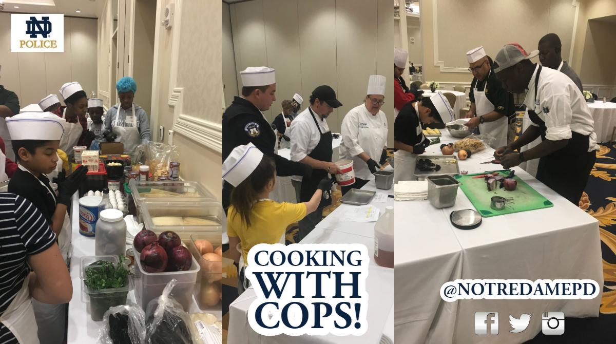 NotreDamePD's tweet photo. Today, @NotreDamePD, are partnering with Chefs from @MorrisInnND and students from the Robinson Community Learning Center, for our first session of Cooking with Cops for 2020! 👮♂️👮♀️🚔+👩🍳👨🍳+🚸=#community #cookingwithcops https://t.co/Gdp2OsYR2O