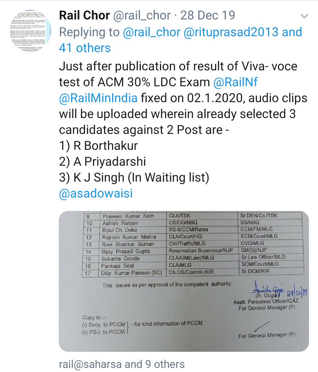Rail Chor (@rail_chor) on Twitter photo <a href="/EasternRailway/">Eastern Railway</a> <a href="/debajyoti093SLG/">Debajyoti Chakraborty</a> @BikramKumarAUB <a href="/COREDGMPR/">Central Organisation for Railway Electrification</a> <a href="/RailMinIndia/">Ministry of Railways</a> <a href="/drmsdah/">DRM Sealdah ER</a> <a href="/RailNf/">Northeast Frontier Railway</a> <a href="/drm_kir/">drmkatihar</a> Finally R Borthakur & KJ Singh selected as ACM <a href="/gm_nfr/">NF Railway, Guwahati</a> @ ₹25Lakh which was disclosed by previous tweet <a href="/IR_CRB/">RB CRB</a> <a href="/RbSecy/">Secretary Rly Bd</a> <a href="/PiyushGoyalOffc/">Piyush Goyal Office</a> <a href="/PiyushGoyal/">Piyush Goyal</a> <a href="/IR_EDPM/">EDPM Indian Railways</a> express solidarity in this corruption with <a href="/RailNf/">Northeast Frontier Railway</a> thankful to <a href="/narendramodi/">Narendra Modi</a> <a href="/AmitShah/">Amit Shah</a> 4 combining <a href="/RailMinIndia/">Ministry of Railways</a> services <a href="/EasternRailway/">Eastern Railway</a> <a href="/debajyoti093SLG/">Debajyoti Chakraborty</a> @BikramKumarAUB <a href="/COREDGMPR/">Central Organisation for Railway Electrification</a> <a href="/RailMinIndia/">Ministry of Railways</a> <a href="/drmsdah/">DRM Sealdah ER</a> <a href="/RailNf/">Northeast Frontier Railway</a> <a href="/drm_kir/">drmkatihar</a> Finally R Borthakur & KJ Singh selected as ACM <a href="/gm_nfr/">NF Railway, Guwahati</a> @ ₹25Lakh which was disclosed by previous tweet <a href="/IR_CRB/">RB CRB</a> <a href="/RbSecy/">Secretary Rly Bd</a> <a href="/PiyushGoyalOffc/">Piyush Goyal Office</a> <a href="/PiyushGoyal/">Piyush Goyal</a> <a href="/IR_EDPM/">EDPM Indian Railways</a> express solidarity in this corruption with <a href="/RailNf/">Northeast Frontier Railway</a> thankful to <a href="/narendramodi/">Narendra Modi</a> <a href="/AmitShah/">Amit Shah</a> 4 combining <a href="/RailMinIndia/">Ministry of Railways</a> services