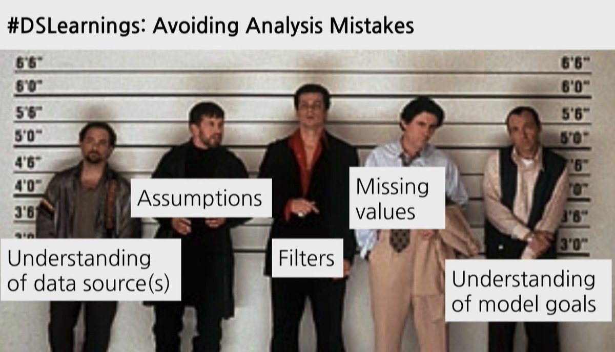 DSLearnings: Avoid Analysis Mistakes (Shows suspects police lineup) understanding data sources; assumptions; filters; missing values; understanding of model goals