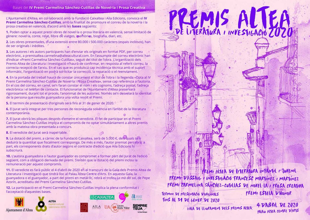 letnomuseu's tweet photo. 🙋♂️ #MuVaEtRecomana Els IV #PremisAltea de literatura i investigació 2020! Fins el 31 de gener podeu presentar originals!
➡️ Categories? Literatura Infantil, Assaig i Investigació, Novel·la i Prosa Creativa i Premi Estela d’Honor.
Més info 👇👇
https://t.co/T16CYmNtoj https://t.co/70T9WhpMrE