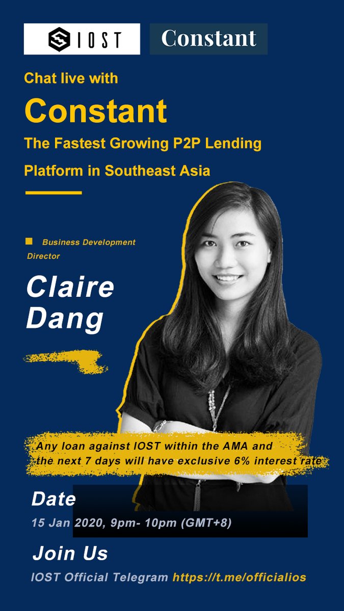 IOST_Official's tweet photo. Join us next Wednesday for AMA with Constant Co.- the fastest growing P2P lending platform in Southeast Asia to learn about Constant, how it works &amp; how you can borrow $iost &amp; grow your funds 📈 📈 
🗓️ 15 Jan 2020, 9pm-10pm (GMT+8)
📍 https://t.co/CNQM1dXB1G https://t.co/dayBniXIXs