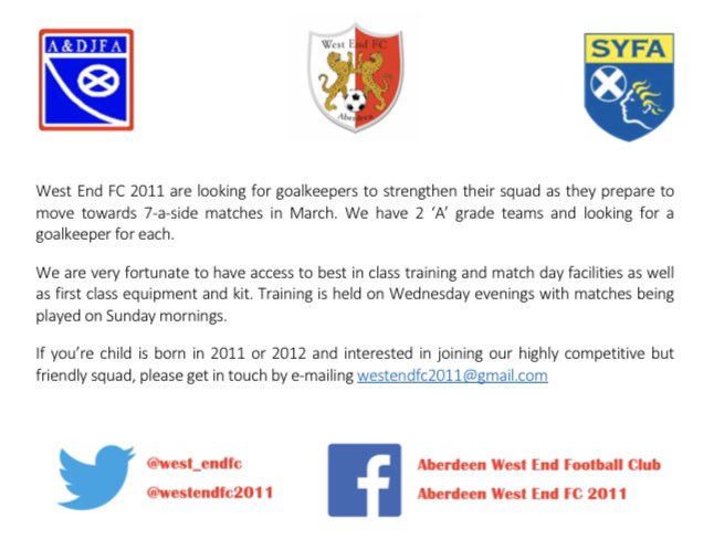westendfc2011's tweet photo. @westendfc2011 are looking to add goalkeepers to their current squad, see pic attached for details @west_endfc @ScottishYouthFA #adjfa https://t.co/ZriMFXL7jc