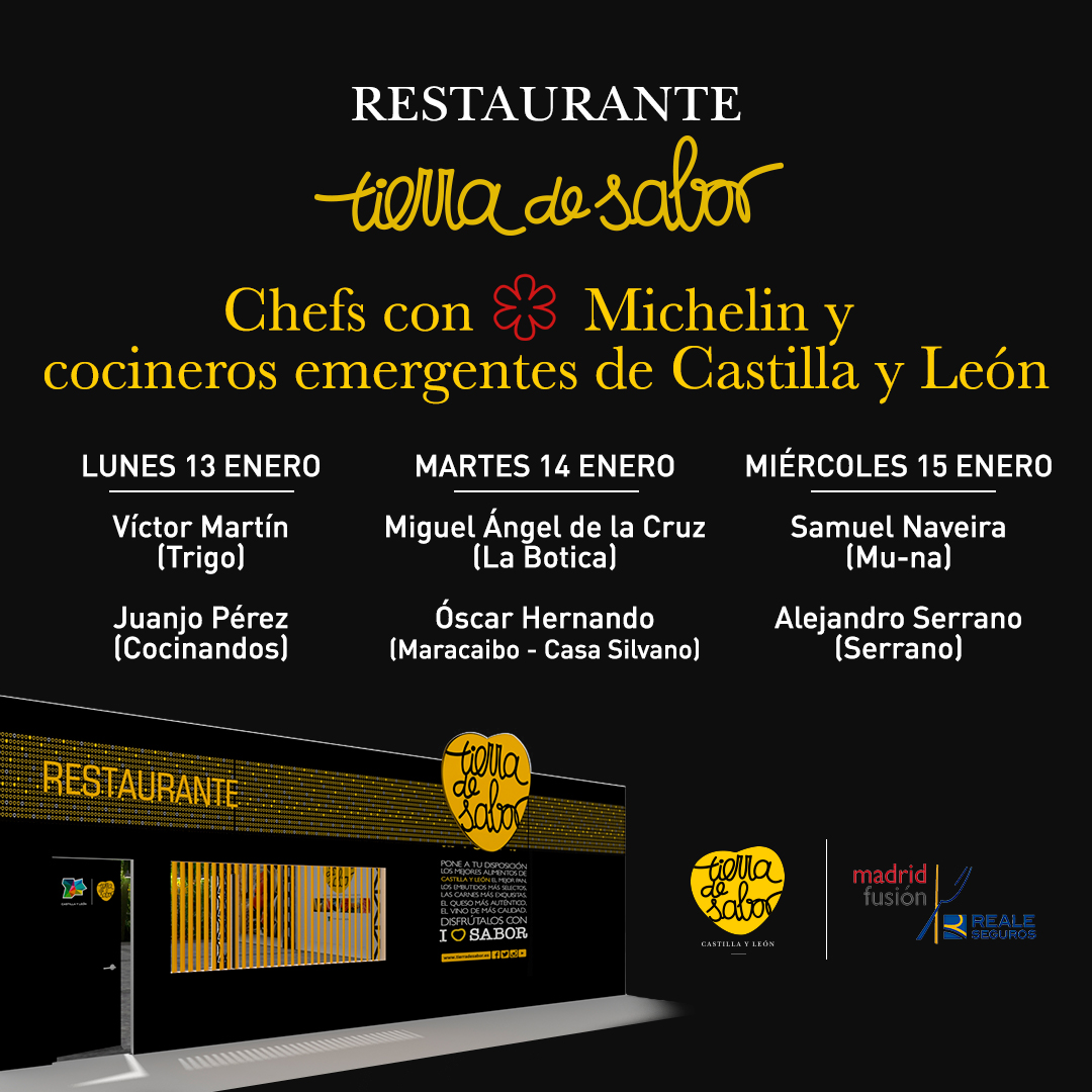 ¡El lunes comienza <a href="/madridfusion/">madrid fusion</a> y estaremos para poner de relieve la calidad de #CastillayLeón! 💚

Habrá un Restaurante #TierraDeSabor en el que chefs de la talla de <a href="/VitTrigo/">@VictorMartinGarcia</a>, <a href="/cocinandos/">Juanjo Cocinandos</a>, <a href="/MACruzLaBotica/">Miguel Ángel</a>, Óscar Hernando, Samuel Naveira (<a href="/NaveiraSoria/">Samuel Naveira soria</a>) y Alejandro Serrano 🍽