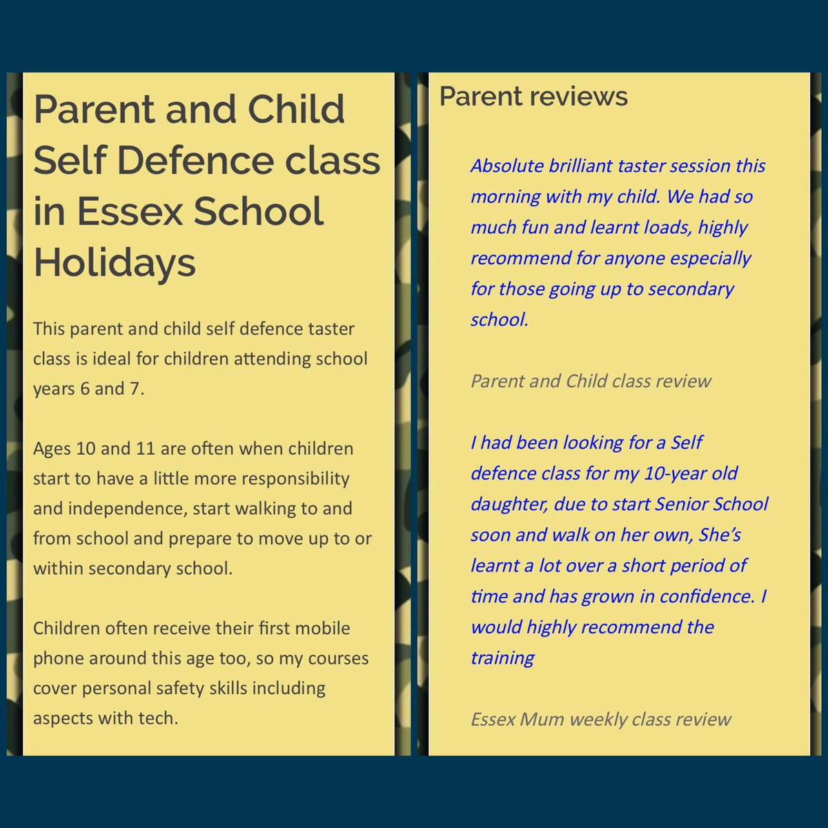 SDFEssex's tweet photo. Parent &amp; Child self defence personal safety taster class in the School Holidays - Find out more now
#TasterClass #selfdefenceclass #selfdefenceinstructor #selfdefenceforkids #SchoolHoildays 
#LearnSelfDefence #parentandchildclass #EssexClasses #EssexMums #EssexDads #EssexParents https://t.co/2Ghe4DBiqx