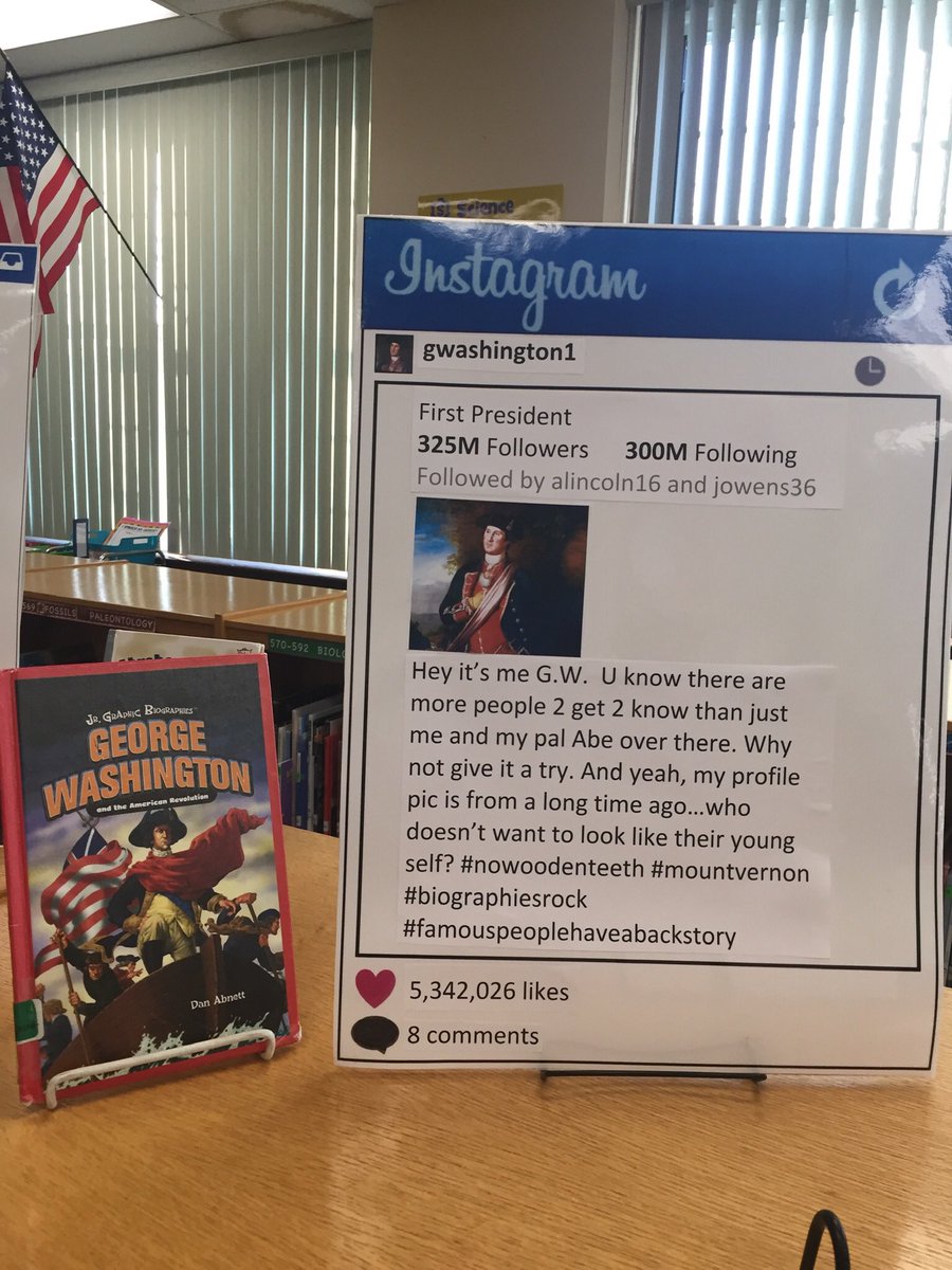 PFlaherty10's tweet photo. What if George Washington had Instagram? You just never know who you’ll meet in the media center. 📚@HowellTwpArdena #biographies https://t.co/V8lqBjtpsL