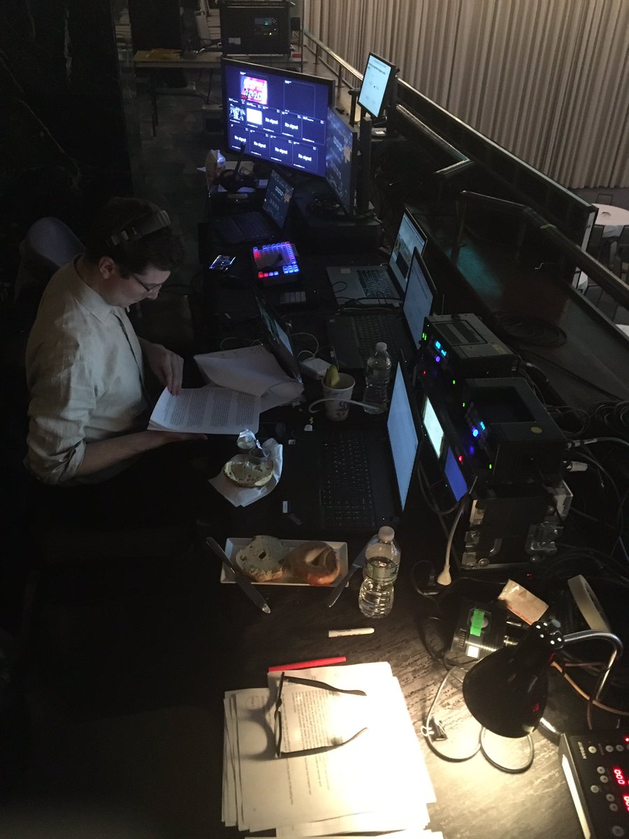 ansteady's tweet photo. It’s morning but we’re working in the dark up in the tech booth at #apapnyc . 7 screens. 2 tech experts. 1 awesome plenary in the ballroom at 1130a. #producerlife #makeart #soultraincoming https://t.co/KrayUFfjwC