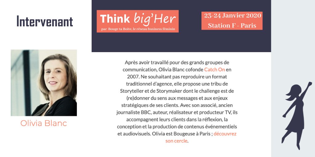 BougeTaBoite's tweet photo. Nous avons l'honneur de recevoir @OliviaBlanc1 , co-fondatrice de @Catchonprod , qui interviendra lors de Think big'Her, le 23 et 24 Janvier à @joinstationf !

Pour prendre votre pass : https://t.co/pUlBuA9QCO

@marieeloyfdeb 
#thinkbigher #bougetaboite #startupevent #stationf https://t.co/GbQQwpwdcR