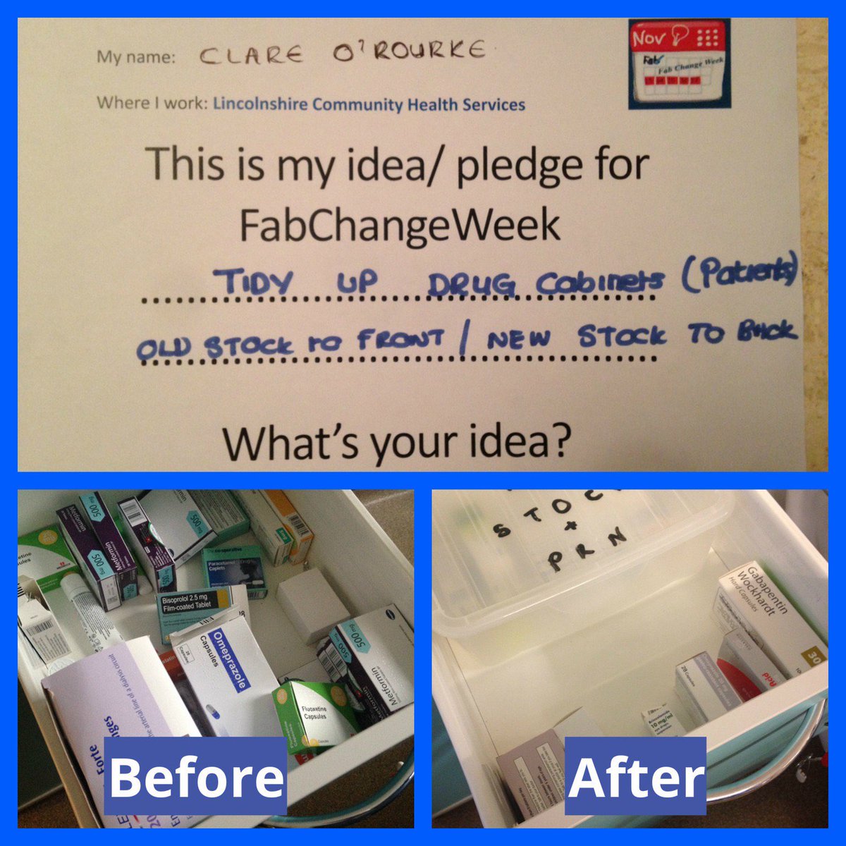 scotterwardlchs's tweet photo. Day 11: of 31: Read about Clares pledge during #fabchangeweek in 2017 A simple idea that improved medicine management and saving valuable time @FabNHSStuff 

https://t.co/1VsUVDjZg5 https://t.co/gK97Pz5Izk
