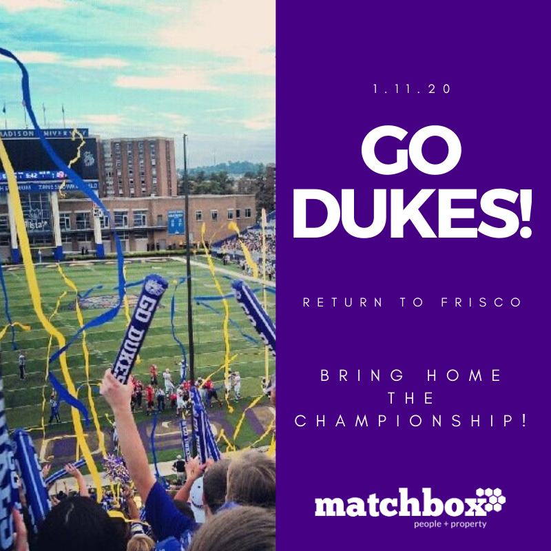 MatchboxRealty's tweet photo. #JMUFootball, we at #MatchboxRealty have our hearts with you today and our eyes glued to the television for those of us that can't be there in Frisco! You got this! #ReturnToFrisco https://t.co/HWnUNCrSGN