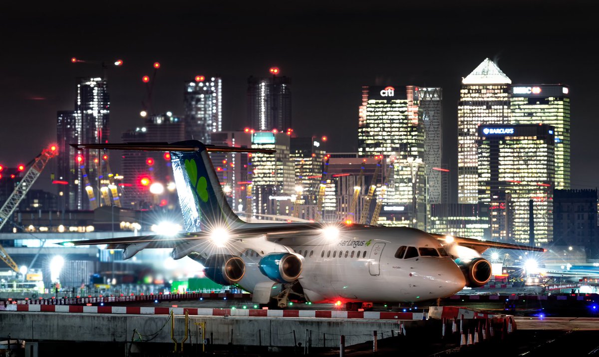 Mark_Ranger's tweet photo. Aer Lingus RJ holding short of London city’s Runway last night.@AerLingus https://t.co/KKu7lJOqb2