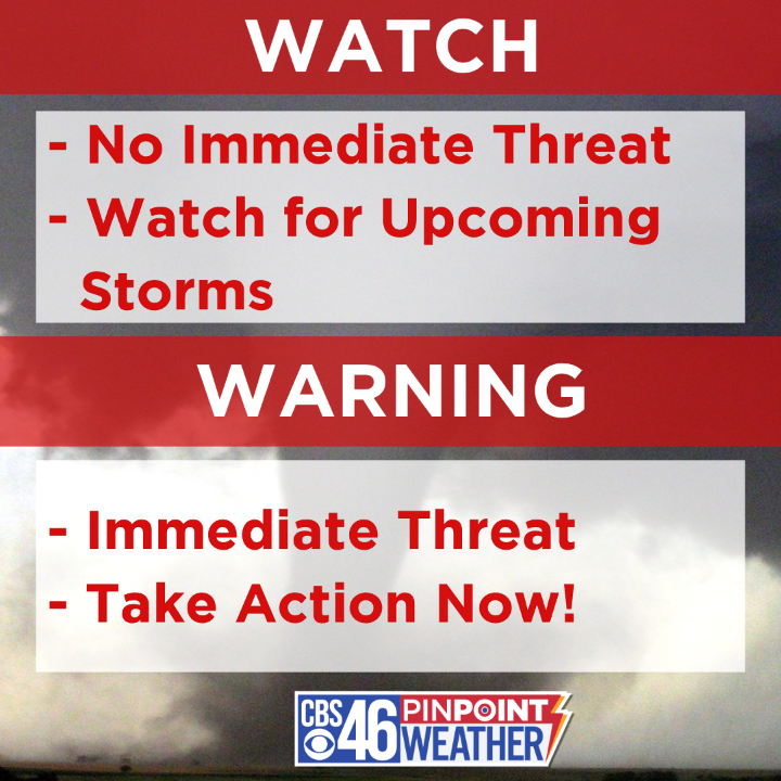 ATLNewsFirst's tweet photo. Severe Weather Watch: Everything you need to know when a tornado warning is issued, the difference between a watch and warning and what you should do during a tornado warning. #CBS46 #gastorms #gawx https://t.co/hlJb6VKss1