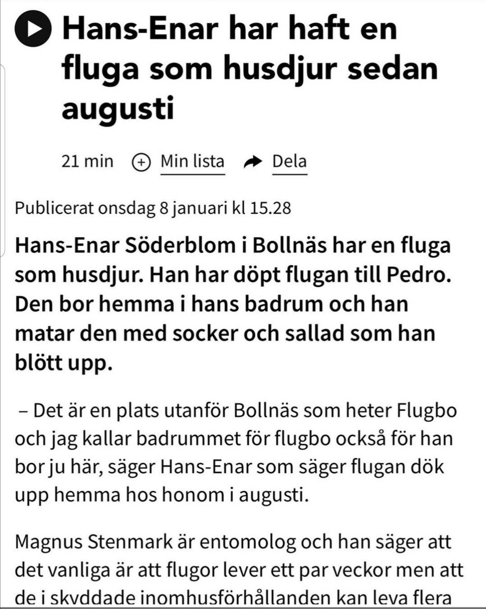 Här kan man ta del av kvalitetsjournalistik och relevant nyhetsförmedling för 9 mldr kronor:

"Han har döpt flugan till Pedro. Han matar den med socker och sallad.

-Jag kallar badrummet för flugbo för han bor ju här"

via <a href="/alexanderedbom/">Alexander Edbom</a> 
Statsradion tackar och bockar.