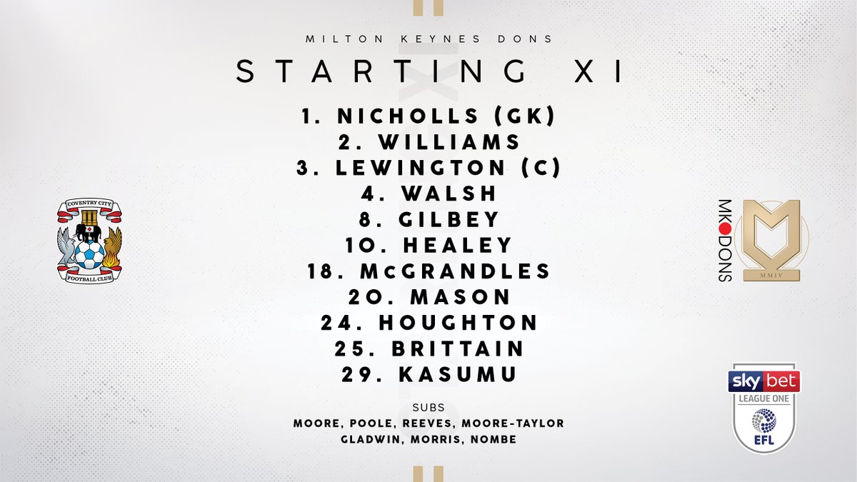 MKDonsFC's tweet photo. TEAM NEWS!
#MKDons make one change from their last league outing, with Joe Mason replacing Sam Nombe up front.
Ben Gladwin and Carlton Morris are amongst the substitutes, as is Jordan Moore-Taylor.
#COVvMKD https://t.co/wtT9F7VLXM