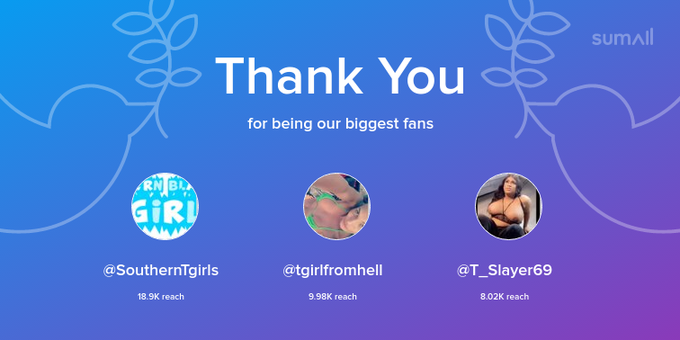 Our biggest fans this week: SouthernTgirls, tgirlfromhell, T_Slayer69. Thank you! via https://t.co/MQbZ2Va1B6