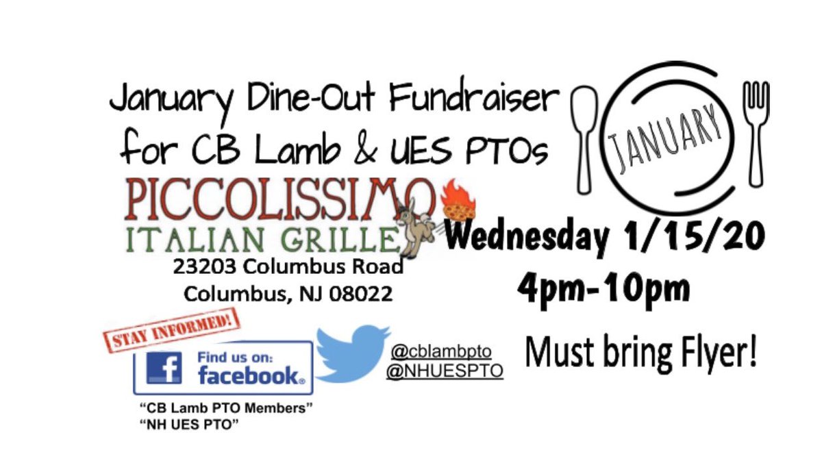 NH UES PTO (@nhuespto) on Twitter photo DINE- OUT WED 1/15 4-10pm Bring the Flyer! <a href="/jalvarez_jimmy/">Jimmy Alvarez</a> <a href="/NHTSCHOOLS/">North Hanover Schools</a> <a href="/cblambpto/">CB Lamb PTO</a> <a href="/DrPatersonCBL/">Dr. Gerald Paterson</a> <a href="/helenpaynehp/">Helen Payne</a> @MissAnthes DINE- OUT WED 1/15 4-10pm Bring the Flyer! <a href="/jalvarez_jimmy/">Jimmy Alvarez</a> <a href="/NHTSCHOOLS/">North Hanover Schools</a> <a href="/cblambpto/">CB Lamb PTO</a> <a href="/DrPatersonCBL/">Dr. Gerald Paterson</a> <a href="/helenpaynehp/">Helen Payne</a> @MissAnthes