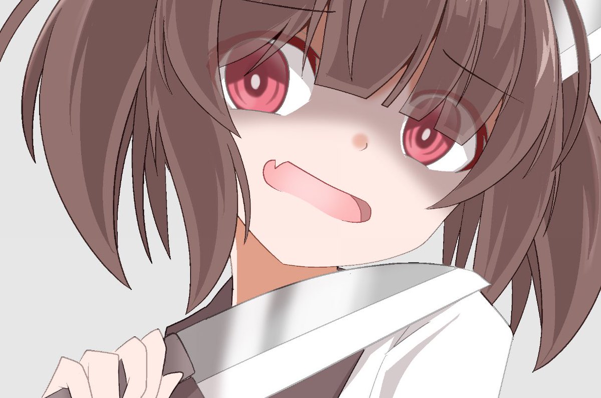 touhoku kiritan 1girl solo brown hair fang holding knife open mouth red eyes  illustration images