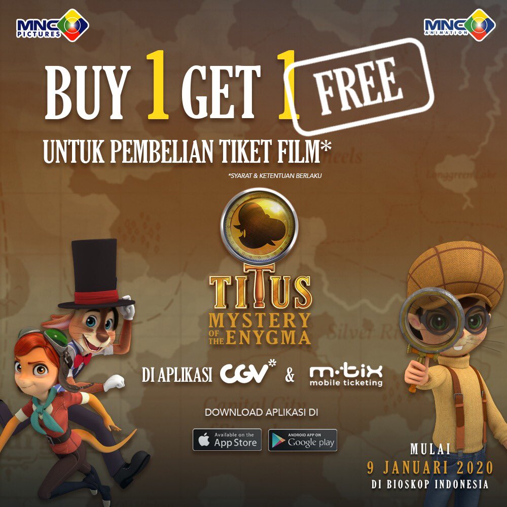 LayarDrama_RCTI's tweet photo. TITUS mengadakan promo BUY 1 GET 1 FREE untuk kalian yang membeli tiket melalui aplikasi M-Tix dan CGV!
Cek info selengkapnya di Instagram @film_titus
#TitusAnimation #TitusMysteryOfTheEnygma #DetektifTitus #AnimasiIndonesia #FilmAnak #KaryaAnakBangsa #MNCAnimation #MNCPictures https://t.co/8eNNhXUhkQ