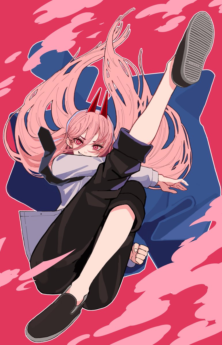 power (chainsaw man) 1girl long hair pink hair horns solo symbol-shaped pupils pants  illustration images