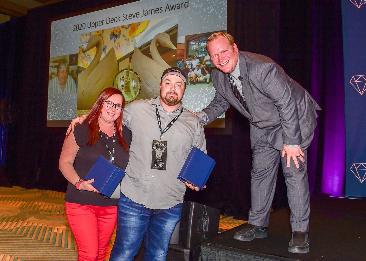 UpperDeckSports's tweet photo. Congratulations to Jason and Katie from @PCSportcards on taking home the 2020 Steve James Awards! They are an incredible shop, they run tons of promotions and they work tirelessly on behalf of their customers. #CDDConference https://t.co/hA7i9TIvDt