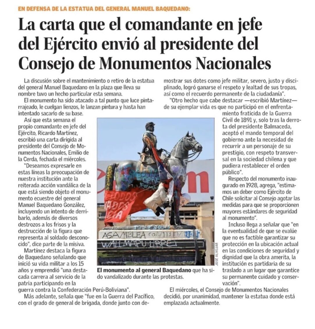 Ejercito_Chile's tweet photo. #CuidemosElPatrimonio: Lee la carta completa del Comandante en Jefe, General Ricardo Martínez al presidente del Consejo de Monumentos Nacionales, señalando la preocupación de la Institución por los daños al monumento del General Manuel Baquedano. Carta 📲 https://t.co/9lhtojI2YT https://t.co/5OcrfYkTAa