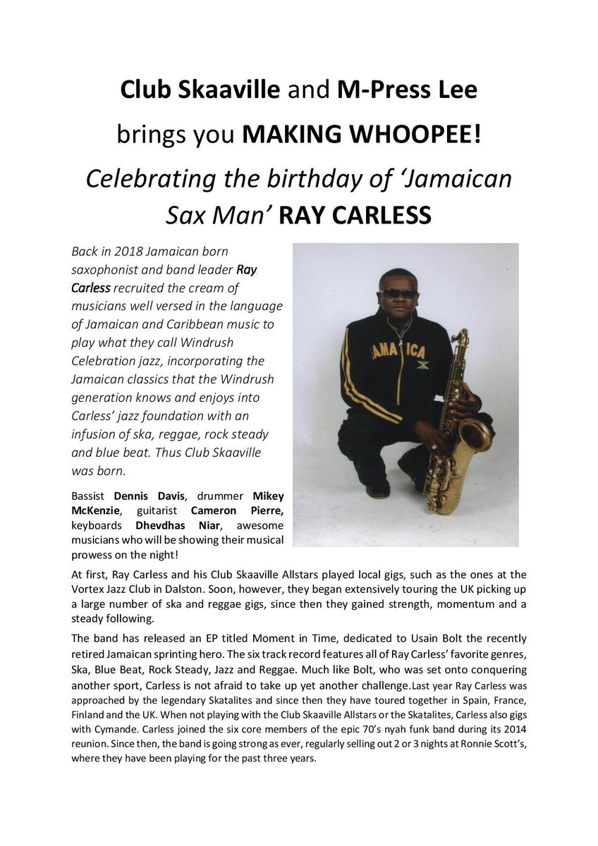 CoralConscious1's tweet photo. It's really revving up in the New Year!

Ahead of another Club Skaaaville extravaganza, have a read of what is to come in "Making Whoopee"!

Ray Carless M-Press Lee

#RayCarless #MPressLee #ClubSkaaaville #MakingWhoopee #Ska #Saxaphone #Reggae @regfraternityuk https://t.co/7yWQyU5CuK