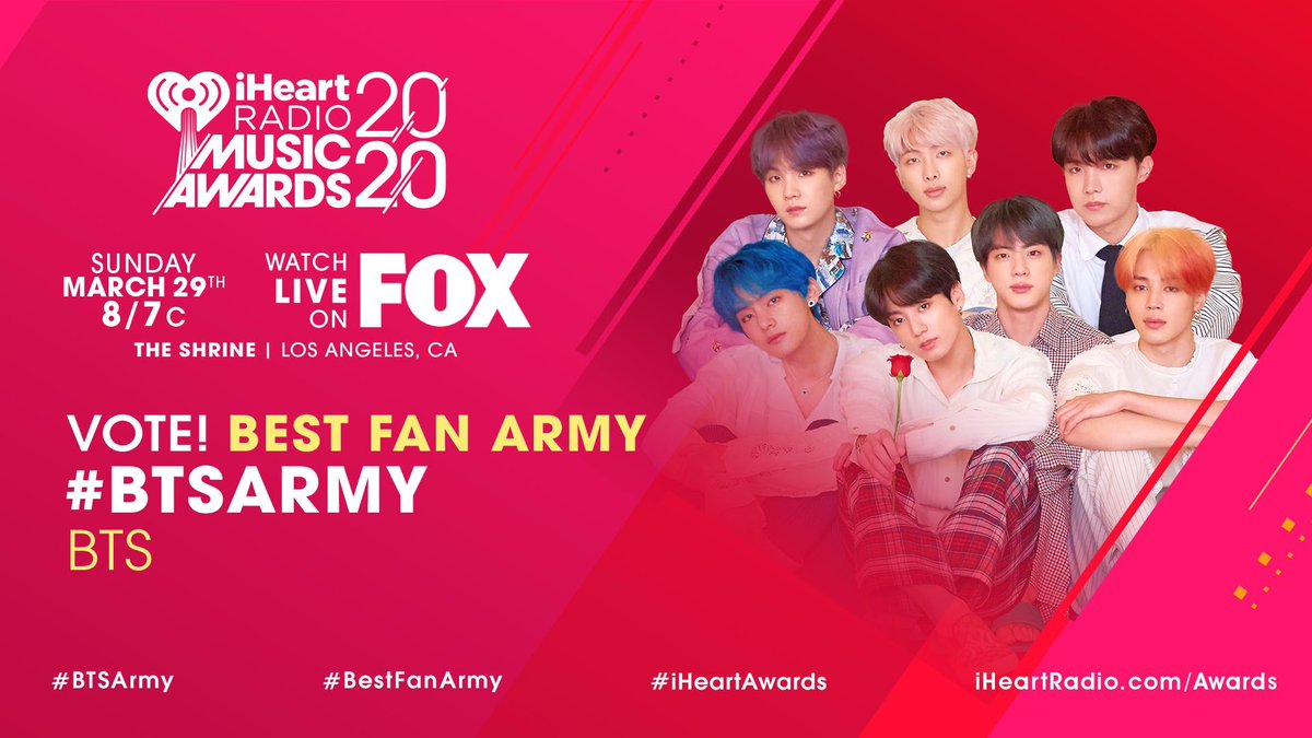 btsanalytics's tweet photo. RT to vote #BTSARMY (@BTS_twt) for #BestFanArmy at #iHeartAwards! https://t.co/HQQAIvbJZI