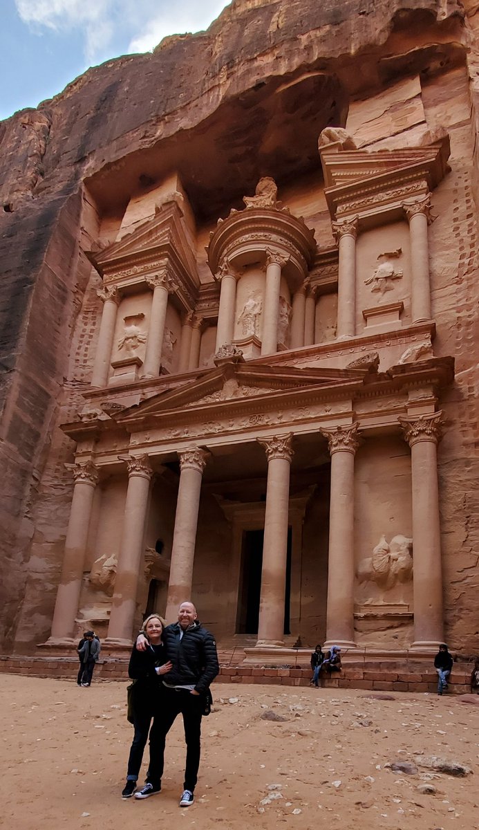 PastorJimLyon's tweet photo. The Treasury at Petra is one of 1200 structures known to be carved into canyon walls of the "impossible to conquer" city of the Nabateans. The Romans forced it into the Empire in 106 A.D. #JordanRocks This building dates to 100 B.C. https://t.co/GmYoNKRTLc