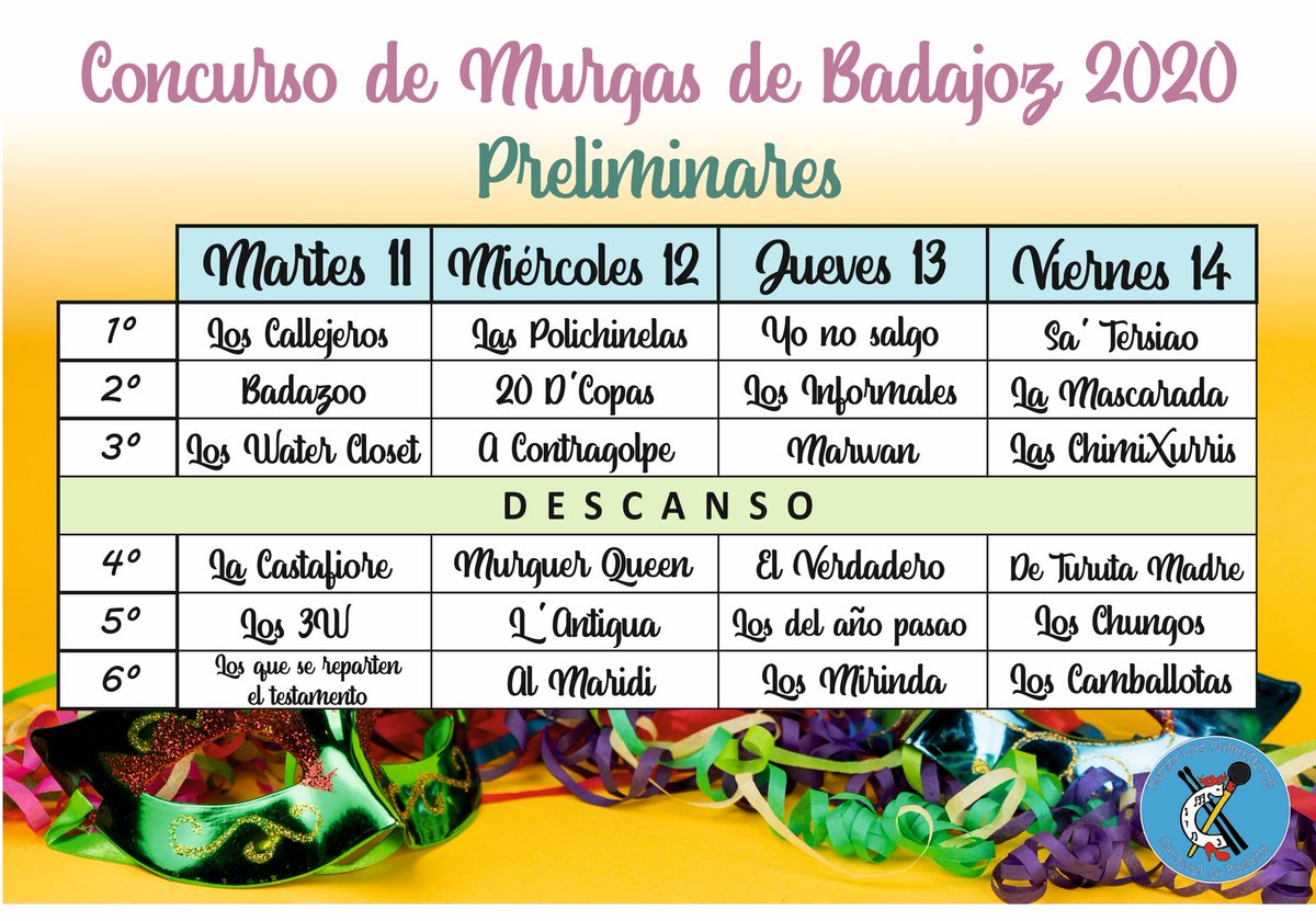 LasChimiXurris's tweet photo. ¡La suerte está echada! Volveremos a pisar las tablas del Teatro López de Ayala el viernes 14 de febrero en 3ª posición 🥳🥳🥳

#COMBA2020 #CarnavalDeBadajoz2020 #LasChimiXurris2020 https://t.co/cuB5trJPRJ