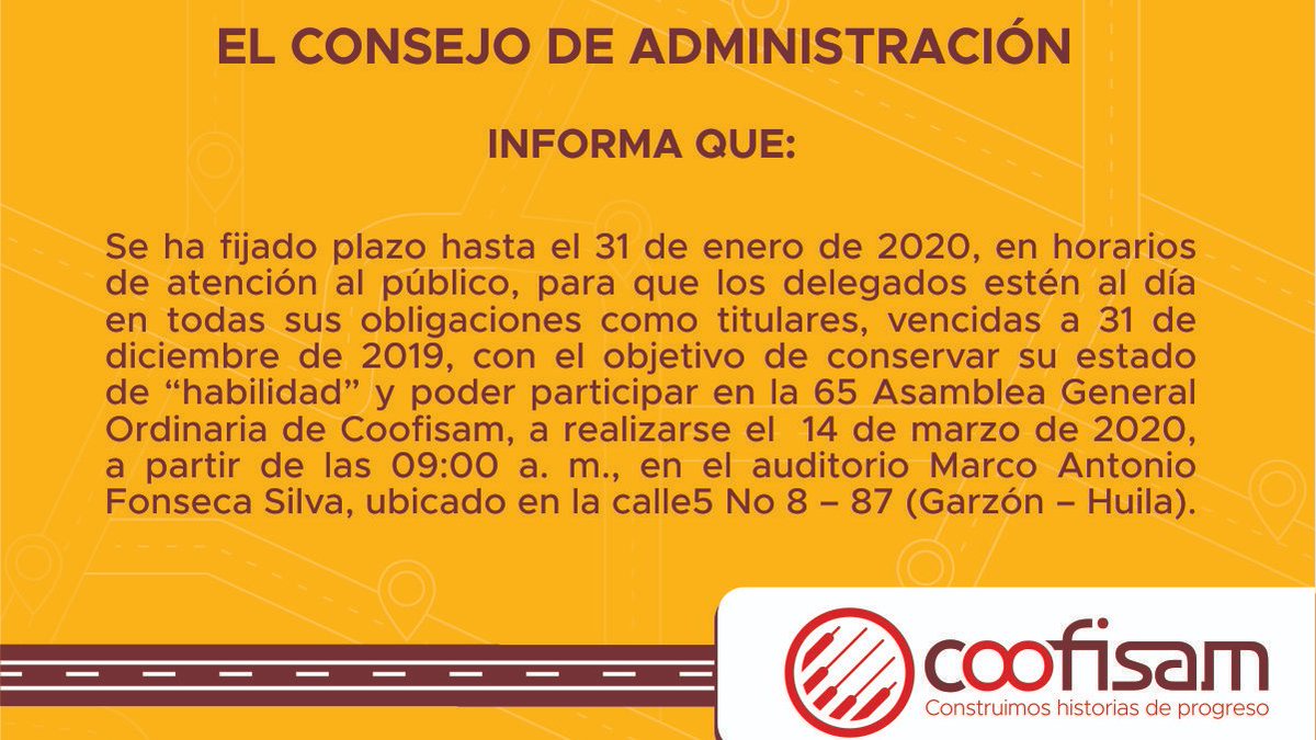 coofisam's tweet photo. Información importante para nuestros delegados, previa realización de la 65 Asamblea General Ordinaria 2020. #Coofisam #Asamblea https://t.co/QKoC1ZLbdf
