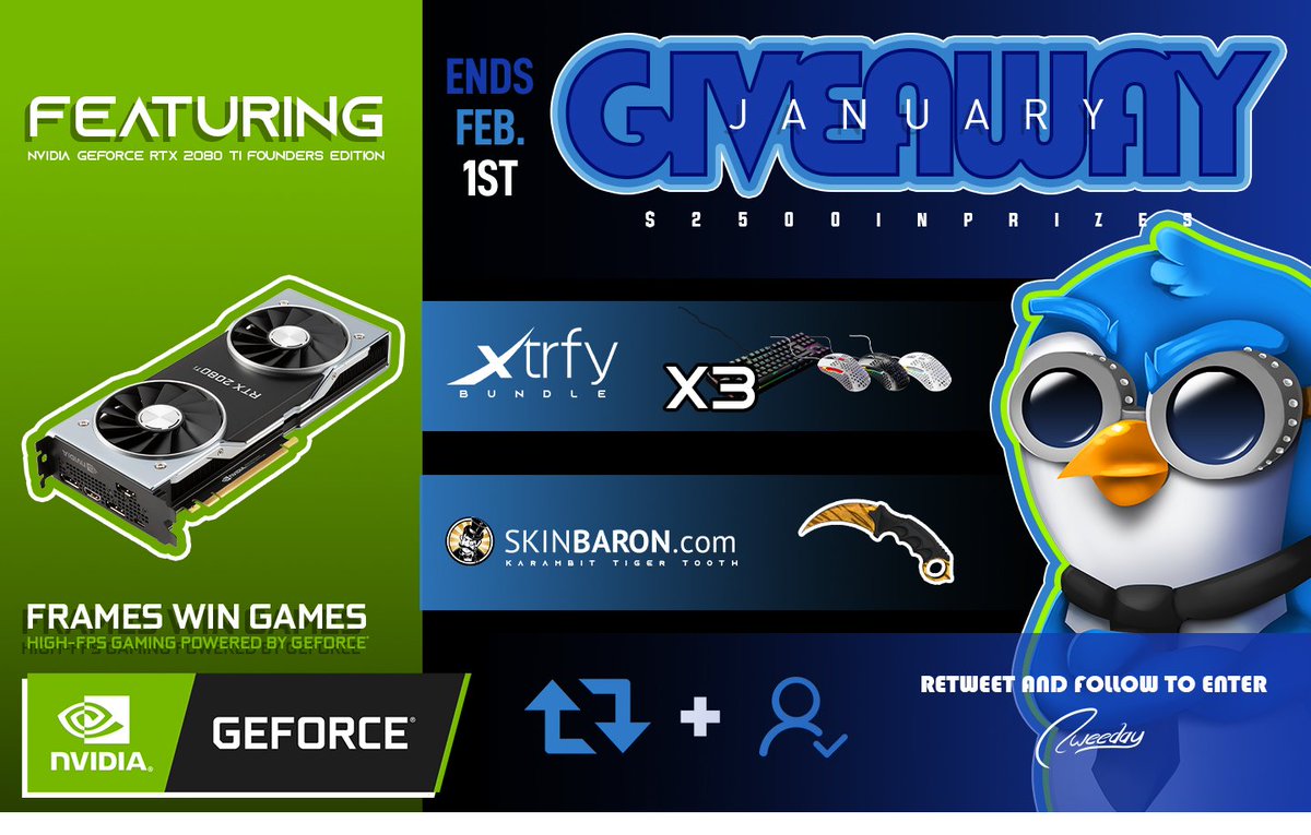 Mrtweeday's tweet image. ‼️ January 2020 Giveaway ‼️

1x RTX 2080 Ti Founders Edition
👉bit.ly/GeForceFWG

3x Project 4 Bundle
👉xtrfy.com/keyboards/proj…

1x Karambit Tiger Tooth FN
👉skinbaron.com/partner/tweeday 

RT, Follow, Reply what prize you want :)
🔗Enter here: bit.ly/jan20twee

GL :)! #ad