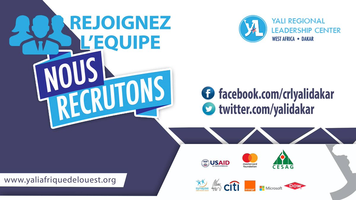 yalidakar's tweet photo. 𝐑𝐄𝐉𝐎𝐈𝐆𝐍𝐄𝐙 𝐋'𝐄𝐐𝐔𝐈𝐏𝐄, 𝐍𝐎𝐔𝐒 𝐑𝐄𝐂𝐑𝐔𝐓𝐎𝐍𝐒 !!!

Le CESAG recrute un(e) Assistant(e) bilingue pour le CRL YALI DAKAR, financé par USAID pour une durée d’un (01) an renouvelable.

Fiche de poste : https://t.co/LuODaVr9do

https://t.co/iq2bG7jtsO https://t.co/WwJND58ykZ