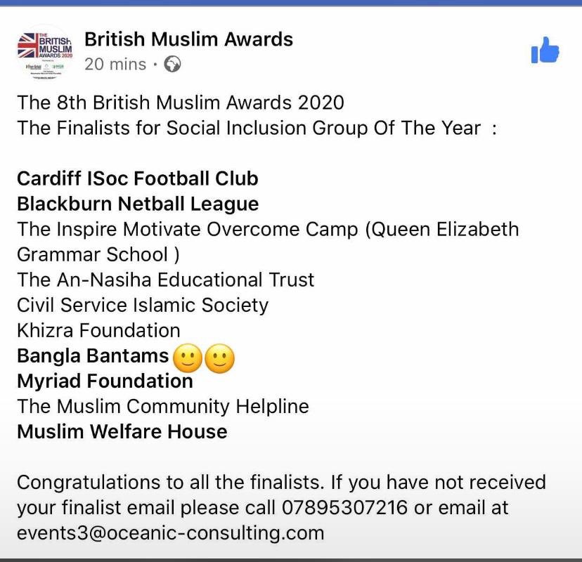 BanglaBantams's tweet photo. Unbelievable! Nominated for The 8th British Muslim Awards 2020- The Finalists for Social Inclusion Group Of The Year! #britishmuslimawards #fansfordiversity @WeAreTheFSA @AnwarU01 @kickitout @officialbantams https://t.co/hLc5ub1nbF