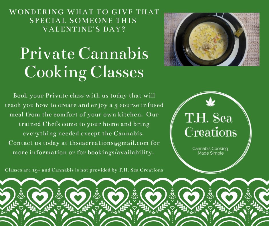 Sorry, we've been away, but we're back now and taking bookings for around Valentine's Day.   Prices start at $199.99 for 2 people, 3-course infused private dinner/lesson! Contact us today as spaces are going fast. #CannabisEdibles #ThinkBeyondTheBrownie #cannabistourism