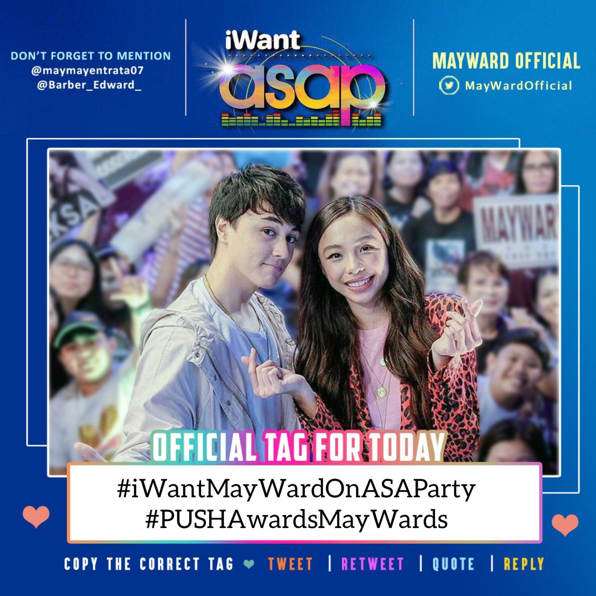 MayWardOfficial's tweet photo. It's a back-to-back party with MayWard on ASAP &amp; iWant ASAP this Sunday! Join us as we welcome MayWard back with a bang!

Official Set Of Tags For Sunday:

#iWantMayWardOnASAParty
#PUSHAwardsMayWards  

@maymayentrata07 @Barber_Edward_ https://t.co/DbscRehb6y
