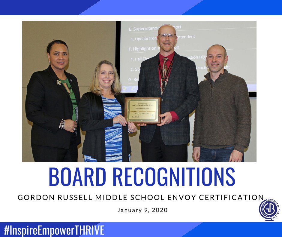 At the January Board Meeting, the school board recognized <a href="/GRMSTBirds/">Gordon Russell MS</a> on their ENVoY Certification. ENVoY strategies strengthen student-teacher relationships! Way to go, Thunderbirds! #InspireEmpowerTHRIVE
