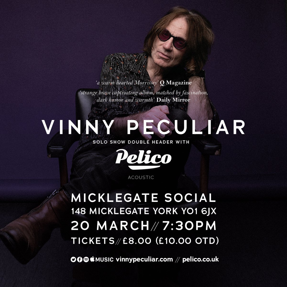 Pelico offer a warm welcome to singer-songwriter and Poet Vinny Peculiar to York. This Double header promises a superb special evening. Vinny Peculiar songs make you laugh and cry and think all at the same time…TOM ROBINSON BBC 6Music Tickets: bit.ly/2R6P7wP