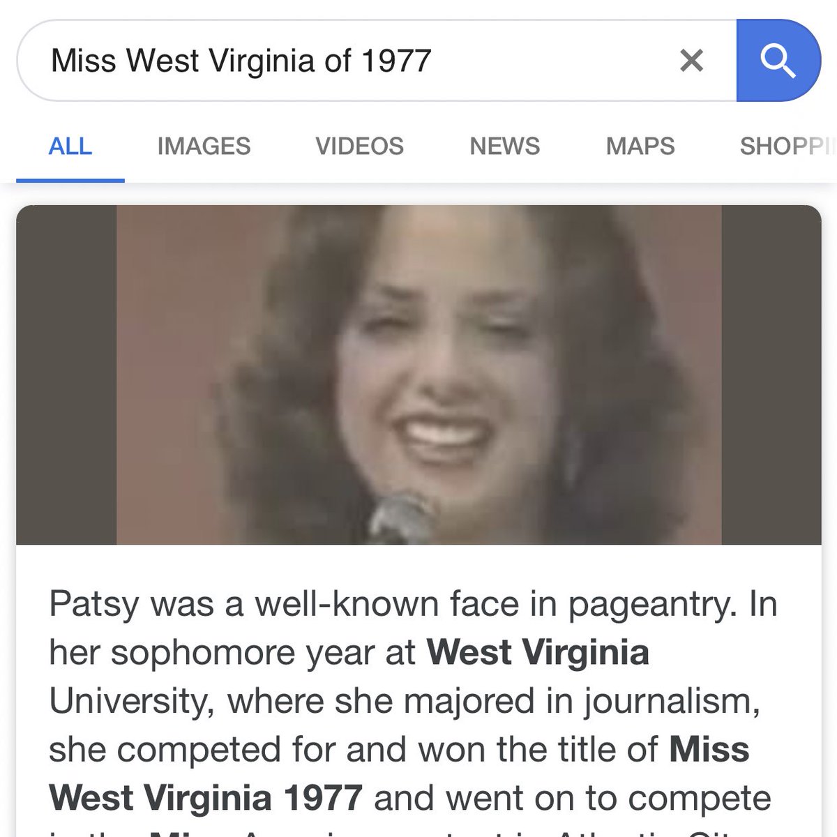 According to her LA Times obituary:“Patricia Ann Paugh was born Dec. 29, 1956, and raised in West Virginia. She was crowned Miss West Virginia, for the 1977 Miss America contest.”First time around, nothing to see.But with fresh eyes, nothing exists. https://www.misswestvirginiausa.com/past-titleholders