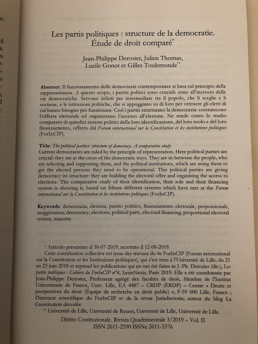 Re-publication de ma contribution lors du #ForInCIP sur le financement des partis politiques dans numéro 3 de la revue italienne Diritto costituzionale de décembre 2019