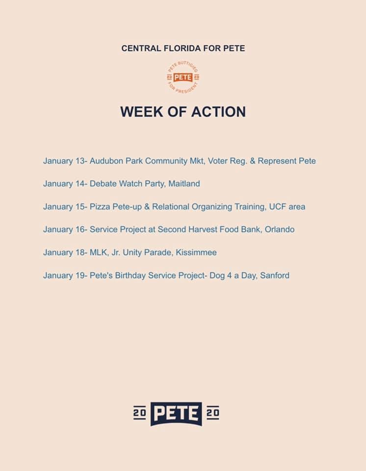 Our volunteer calendar is filling up as we lead up to Pete’s Birthday. Sign Up, Get involved. #Pete2020 #orlando4Pete Week of Service. #UnitedInService #HappyBirthdayPete
