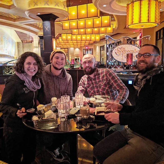 curlyhost's tweet photo. Later-gram proof that I forced these guys to each get a cheesecake so I could try more flavors. Yummm! (tip: don't pay attention to the calorie count they so blatantly put next to each slice) https://t.co/17IE6NraK9
