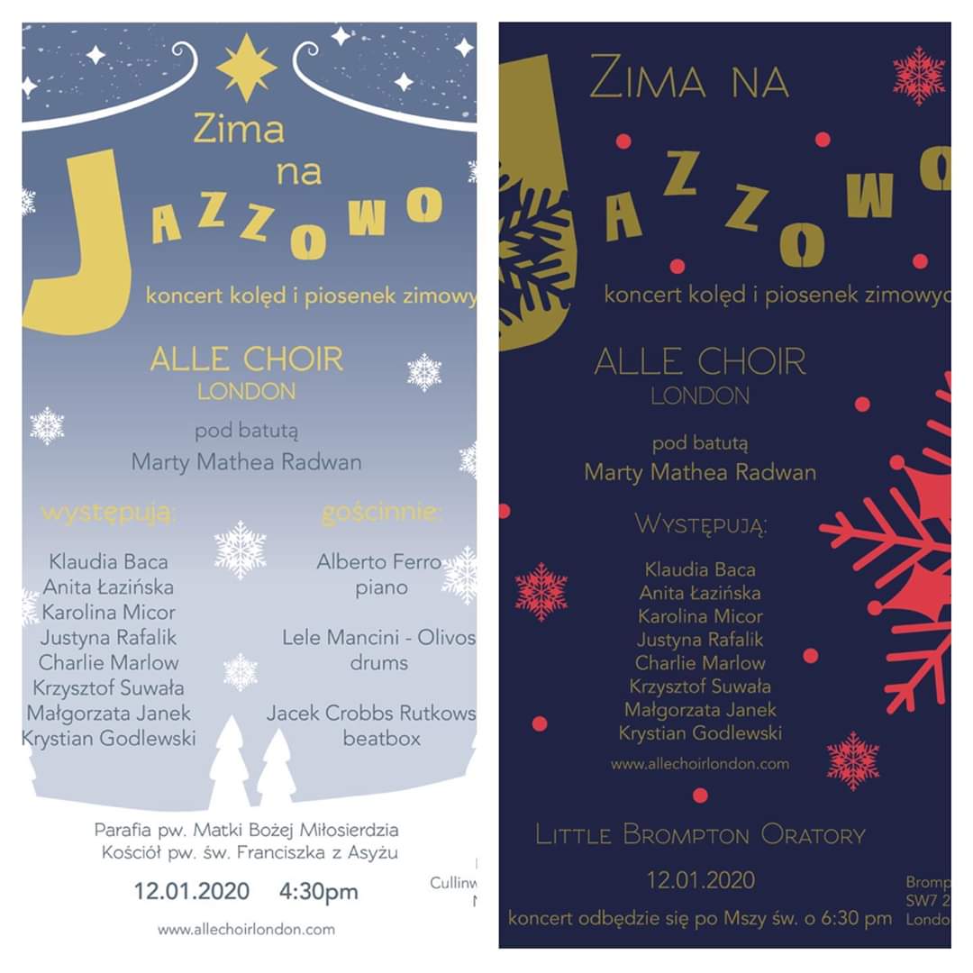 Już jutro polski chór jazzowy Alle Choir London zaśpiewa program "Zima na jazzowo" czyli kolędy i piosenki zimowe po polsku i po angielsku w nowych opracowaniach.
O 4.30 pm w parafii św Franciszka z Asyżu (NW10 1NR).
O 7.30 pm, Little Brompton Oratory, South Kensington, SW7 2RP.