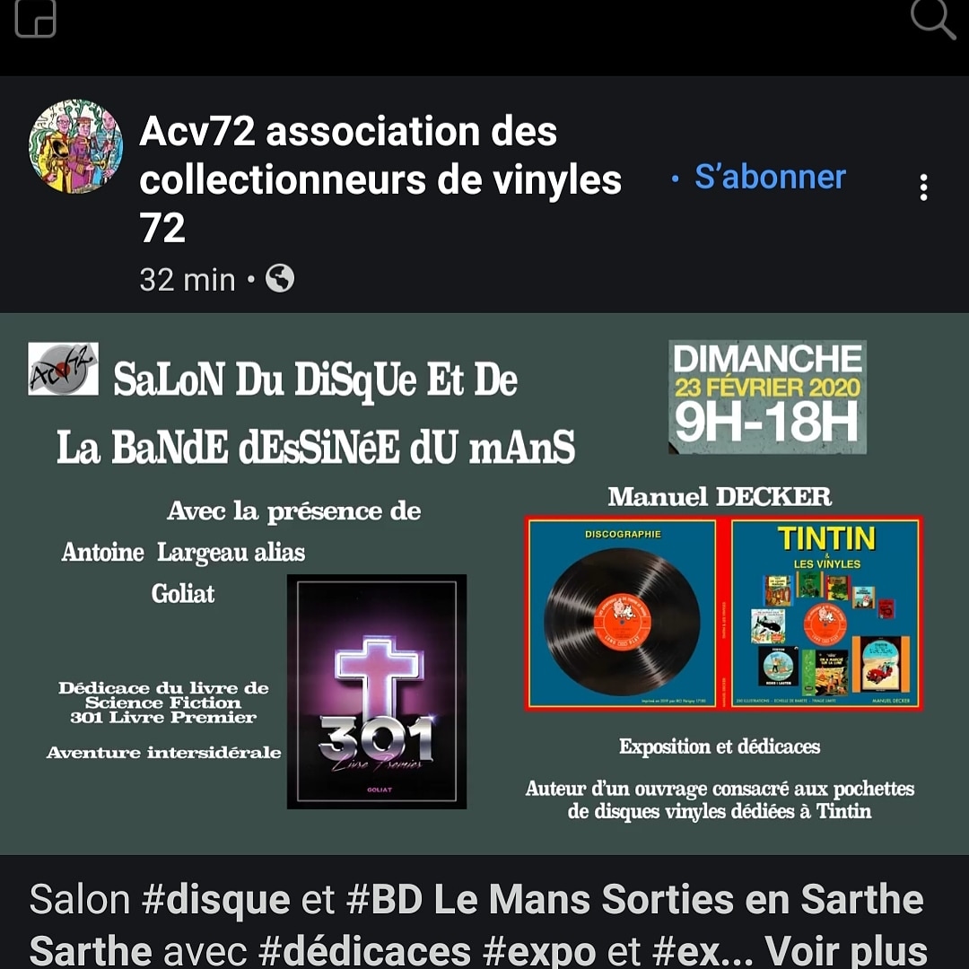 ACVinyl72's tweet photo. 23 février 2020 #LeMans #Sarthe Salon du #disque #Vinyle et de la #bandedessinée #mangas #comics #dedicaces #exposition #tintin #BD #livresdepoche #romans #livrejeunesse
Extrait vidéo dispo sur facebook acv72 :
https://t.co/wzi53aRmyt https://t.co/9AhSNLDqFR https://t.co/F3IW3m5wWu