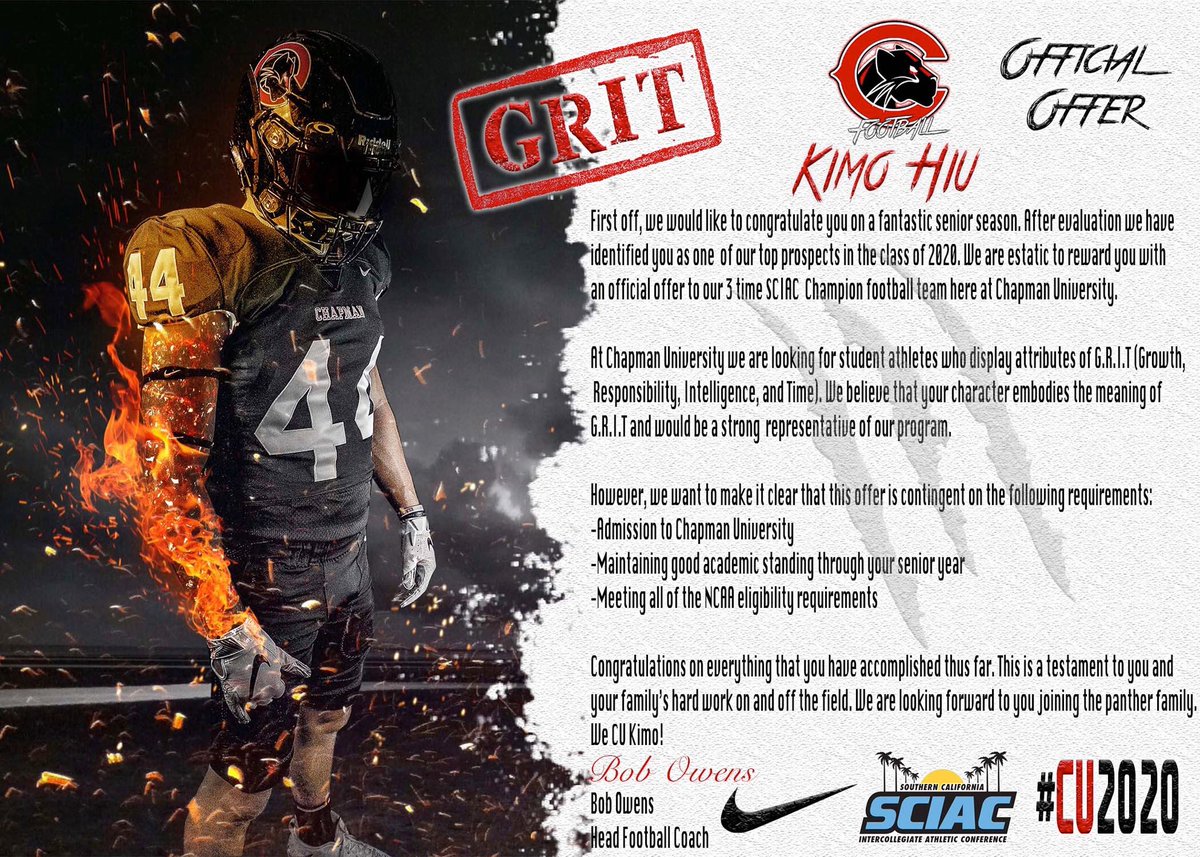 After a great conversation with <a href="/augustinoadams/">Augustino Adams</a> I am thankful to receive an offer from <a href="/Chapman_Fb/">Chapman University Football</a> to continue my academic and athletic career! #GoPanthers