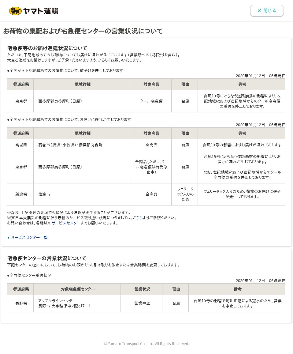 クロネコ遅延 A Twitter ヤマト運輸 1月12日06時現在 東京 宮城 東京 新潟 長野 お届けに遅れが生じております お預かり お引き取りを休止または営業時間を変更しております Https T Co 0x4a4nvplx Https T Co Fsbmcxjbex Twitter