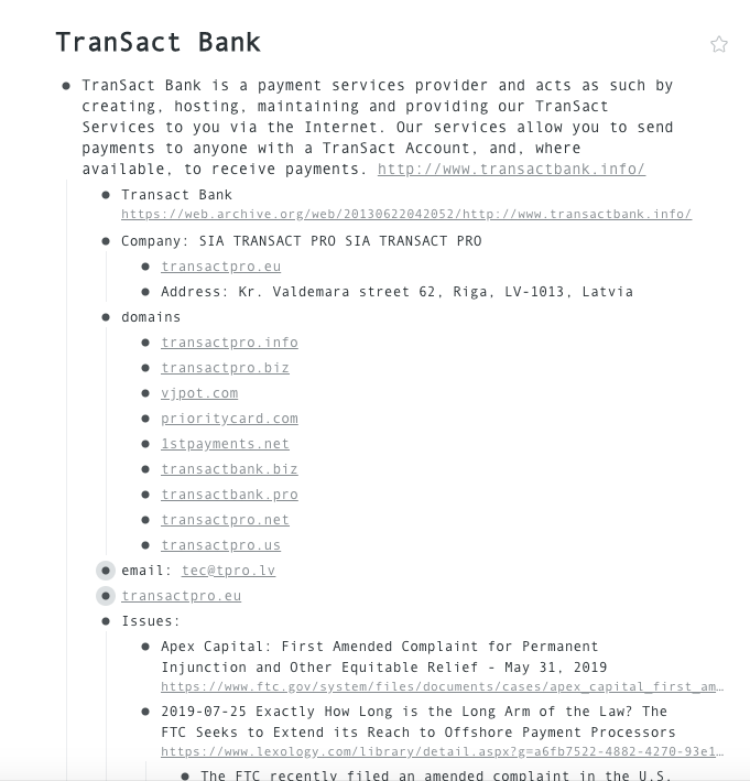 Time permitting ill endevour to post a few tidbits on one of their ahem 'banking clients' every couple of days. One of  #probanx first clients was  #transactbank aka Latvian payment services provider SIA Transact Pro. On face value they appear to be a bonefide payment processor.