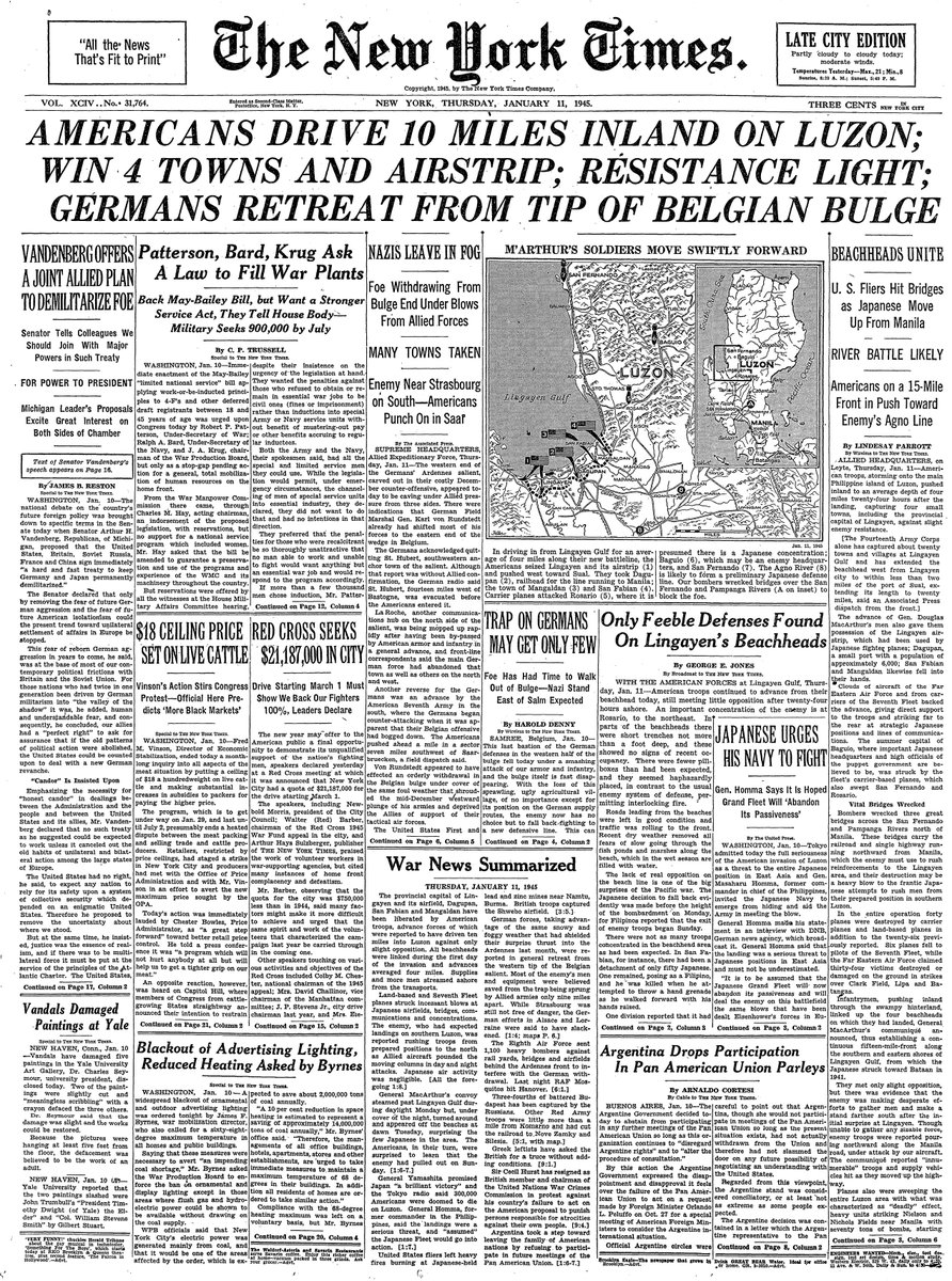 Jan. 11, 1945: Americans Drive 10 Miles Inland on Luzon; Win 4 Towns and Airstrip; Resistance Light; Germans Retreat From Tip of Belgian Bulge  https://nyti.ms/35GJ7jN 