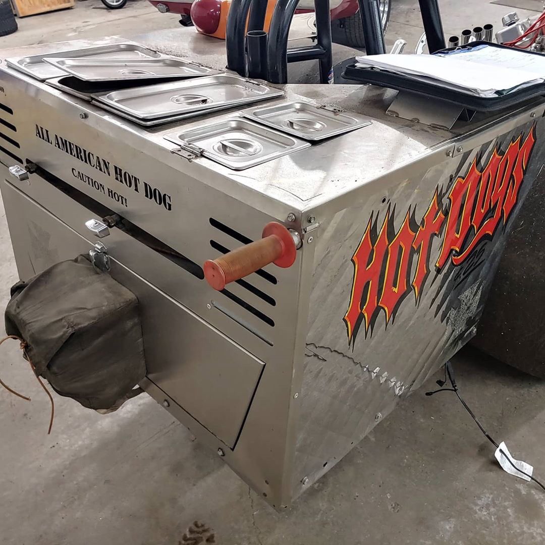 hotdog dragster that was built by Jesse  and Indian Larry on monster garage. We are converting it from the NYC boiled hotdogs into a charbroiled charcoal grill for a local company Jesse James I am sorry for desecrating yours and Indian Larry's work of art.
