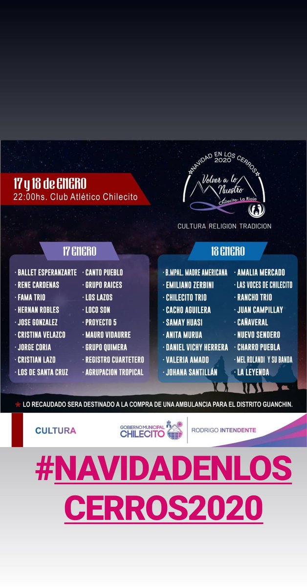 NAVIDAD EN LOS CERROS 2020
VOLVER A LO NUESTRO 
#cultura
#religion
#tradicion
TE ESPERAMOS!!
#RODRIGOINTENDENTE
#GOBIERNOMUNICIPALCHILECITO
instagram.com/p/B7HxALWgwaz/…