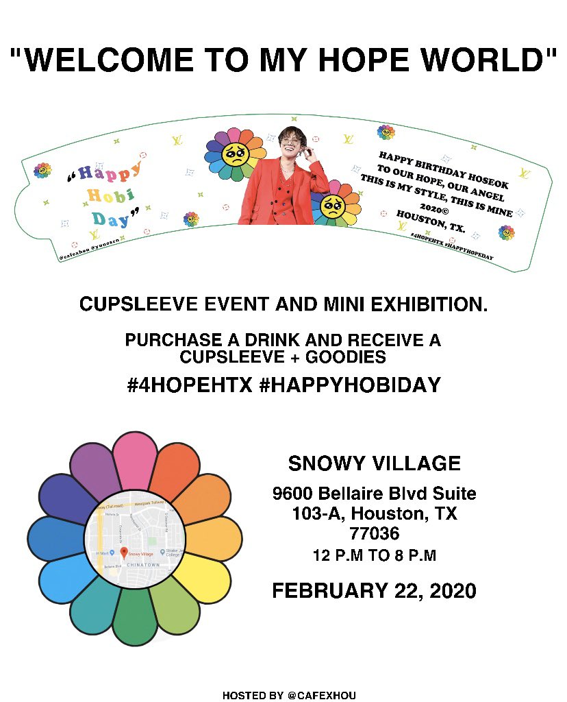 cafexhou's tweet photo. coming soon to Houston! 💜🌈

@cafexhou presents “WELCOME TO MY HOPE WORLD”, our first mini exhibition and cupsleeve event for our own hobi! Come join us for fun, surprises and a listening party for #MAP_OF_THE_SOUL_7 💜 see you soon! 

#4HOPEHTX #HAPPYHOBIDAY https://t.co/TXJlwpNzT6