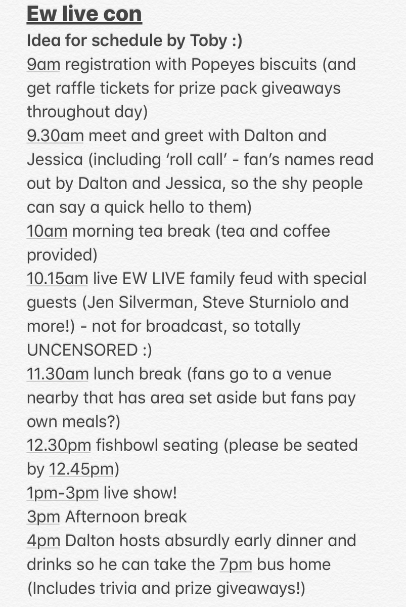 MrTobyCook's tweet photo. @DaltonRoss How’s this as an idea for the schedule for EW LIVE CON? :) #ewlivecon #unpaidinterns @Scorpo1 @cristinapalumbo @lacrossesdhb @sturnist @daltonross @jessicashaw https://t.co/IMT9CcW8F9